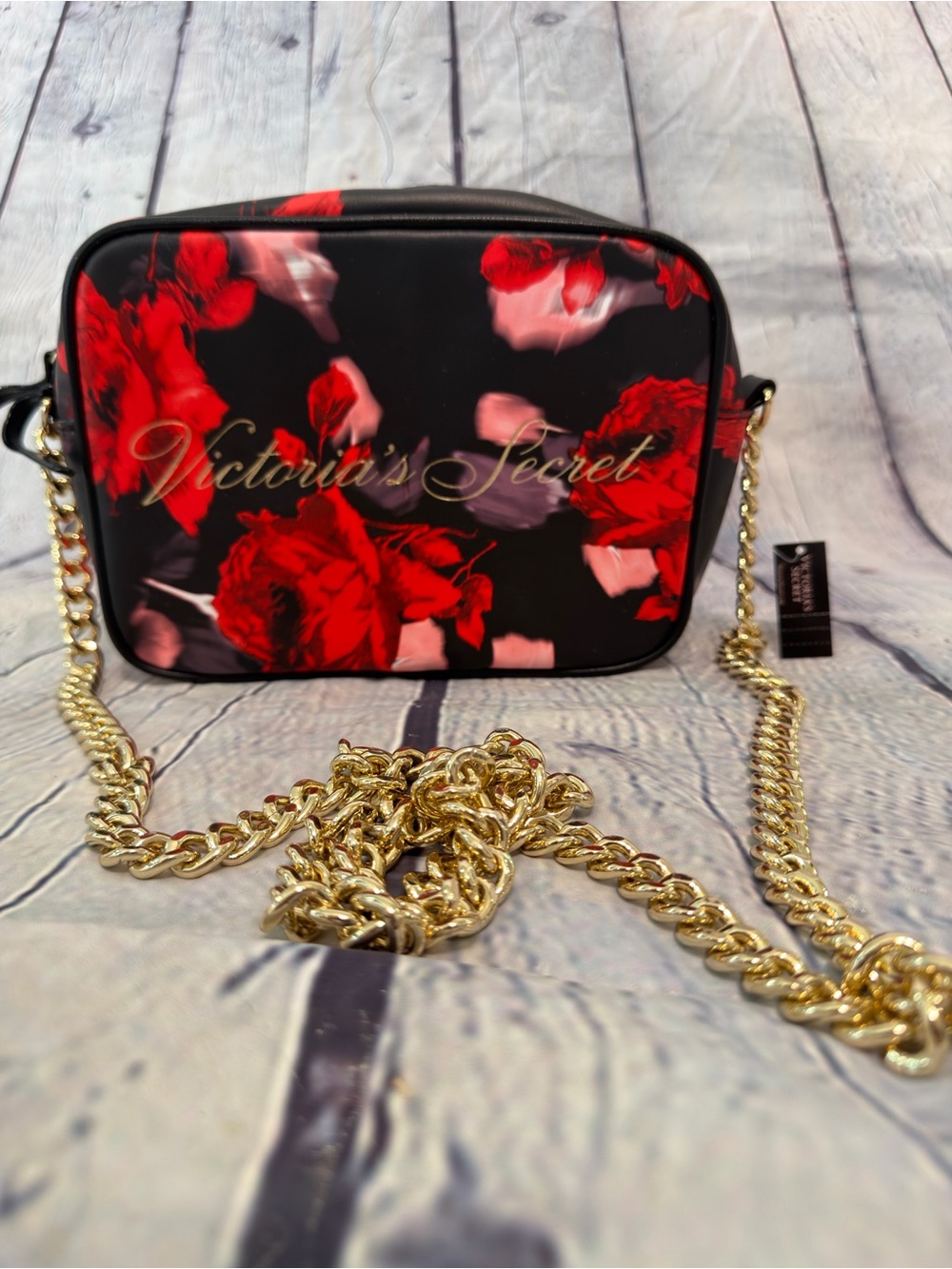 Victoria's Secret Black Floral Crossbody with Gold Chain